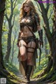 A woman in a leather outfit walking through a forest.